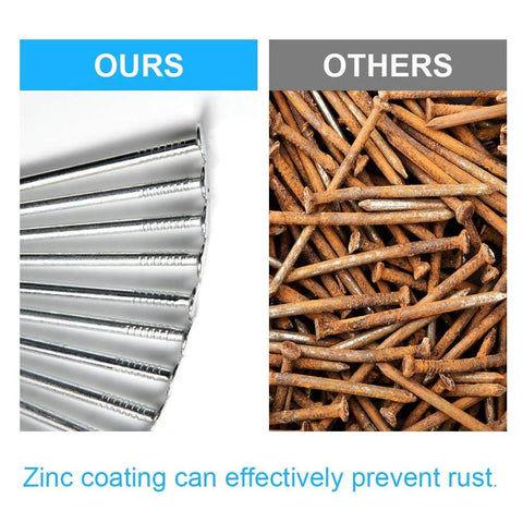 Comparison of galvanized nails from 376 Piece Premium Hardware Nails Assortment Kit versus rusty nails.