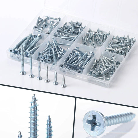 Wood Screws Assortment Kit 152 Pcs Silver Phillips Screws in 6 Sizes, sturdy case, close-up of galvanized silver screws.