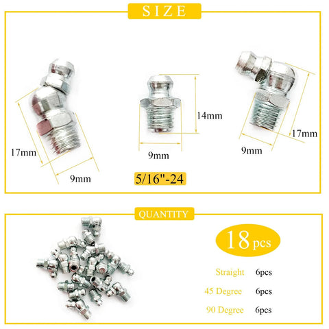 Image of Heavy Duty Grease Fitting Assortment Kit with Eighteen Five Sixteenths By Twenty Four UNF Zerk Fittings in various angles.