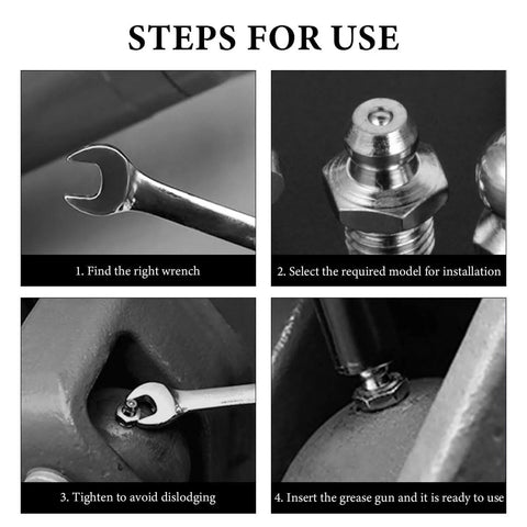 Steps for using the 60 Piece Galvanized Grease Fittings Kit With 1 Quarter Inch And 1 Eighth Inch Zerk Fittings