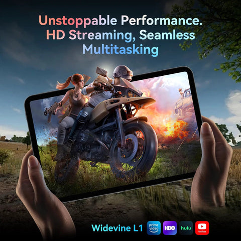 Hands holding 13.4 Inch Android 15 Tablet PC With Keyboard Pen Case And Mouse Gemini AI Gaming Tablet 24GB RAM Plus 256GB Storage