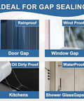 Diagram showing uses of Window Sealing Tape 2IN x 33 FT Draft Isolation on doors, windows, kitchens, and showers.