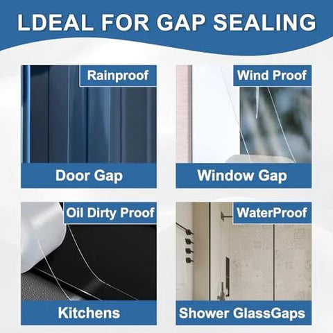 Diagram showing uses of Window Sealing Tape 2IN x 33 FT Draft Isolation on doors, windows, kitchens, and showers.