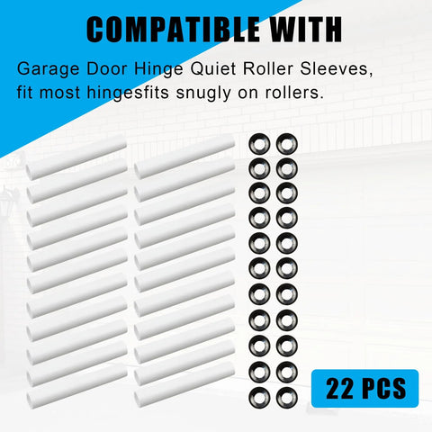 Garage Door Hinge Quiet Roller Sleeves Kit 22 Pcs With Shaft Gaskets And Bearings for noise reduction, shown with components.