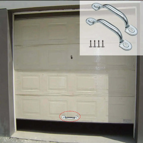 Garage door with Built Tough Heavy Duty Garage Door Bottom Lift Handle Replacement 2 Pack, Solid Steel with Galvanized Finish installed.