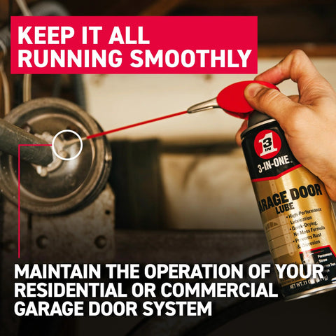 Garage Door Lubricant With Adjustable Spray For Wide Or Narrow Application 11 Oz being used on metal part