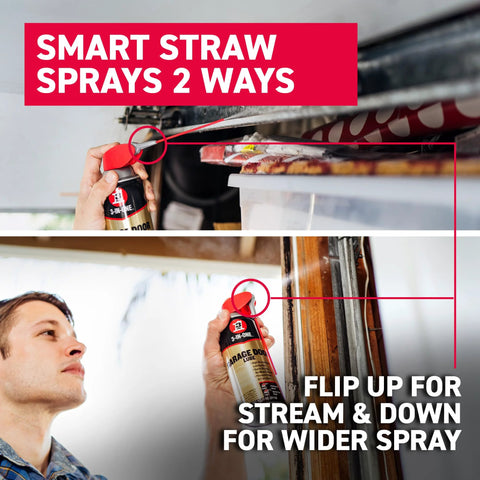 Man using Garage Door Lubricant With Adjustable Spray For Wide Or Narrow Application 11 Oz Quick Drying Non Sticky Formula