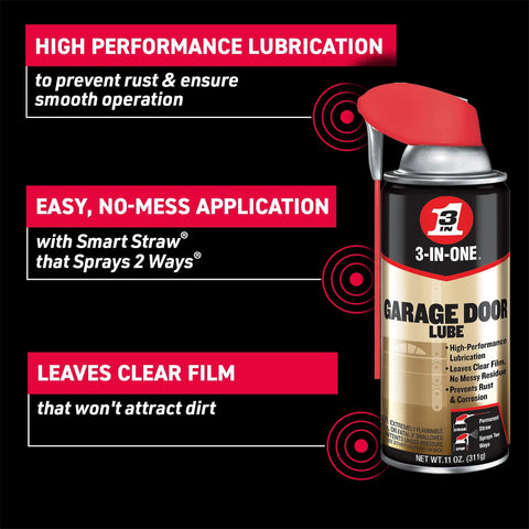 Garage Door Lubricant With Adjustable Spray For Wide Or Narrow Application 11 Oz Quick Drying Non Sticky Formula can with straw.