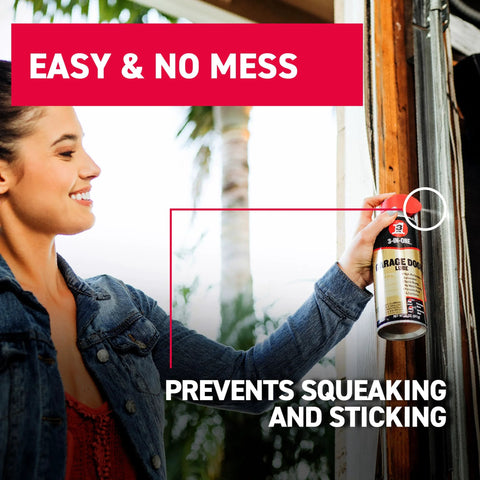 Person using Garage Door Lubricant With Adjustable Spray For Wide Or Narrow Application 11 Oz on door hinges