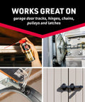 Image showing various uses of Garage Door Lubricant With Adjustable Spray For Wide Or Narrow Application 11 Oz Quick Drying Non Sticky Formula Protects Metal Moving Parts From Friction And Corrosion Highly Durable High Performance Lubricant For Smooth Operation And Longer Door Life on tracks, hinges, and latches.