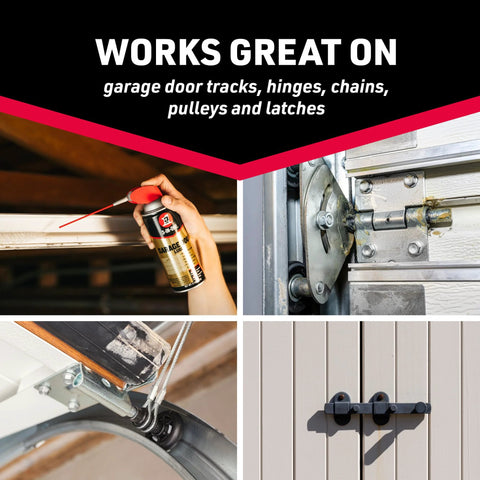 Image showing various uses of Garage Door Lubricant With Adjustable Spray For Wide Or Narrow Application 11 Oz Quick Drying Non Sticky Formula Protects Metal Moving Parts From Friction And Corrosion Highly Durable High Performance Lubricant For Smooth Operation And Longer Door Life on tracks, hinges, and latches.