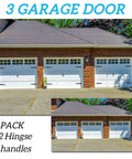 Magnetic Garage Door Hardware on brick garage with three doors, featuring 4 Magnetic Hinges + 2 Magnetic Handles for each door.