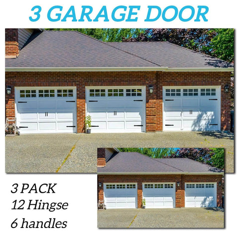 Magnetic Garage Door Hardware on brick garage with three doors, featuring 4 Magnetic Hinges + 2 Magnetic Handles for each door.