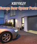 Product packaging labeled KBiyKuY Garage Door Opener Parts with a view of a garage and car, illustrating the home context of use.