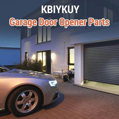 Product packaging labeled KBiyKuY Garage Door Opener Parts with a view of a garage and car, illustrating the home context of use.