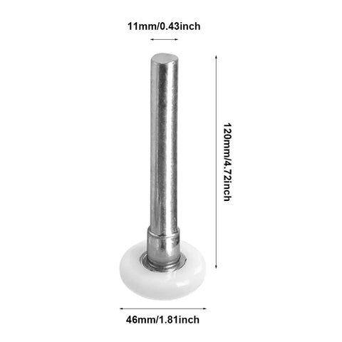 Two Pack White Nylon Garage Door Rollers With 1.8 Inch Wheel Diameter And 4.72 Inch Overall Wheel Length, Quiet High Load Replacement Wheels For Garage Door Track, Durable Carbon Steel Rod, 11mm Stem, Easy Install And Smooth, Reliable Operation showing measurements