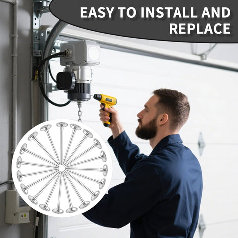 Man installing upgrade your garage door with a 7 inch stem steel roller set for 2 inch track designed for heavy wood and wide doors this 10 pack features sealed 10 ball bearings for stability no slop smooth operation and quick gap fix