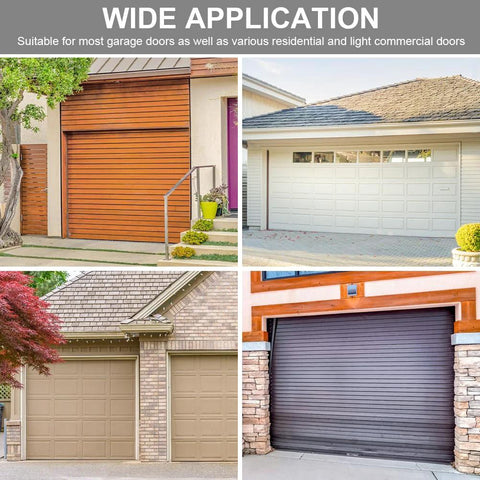 Wide application of garage doors in residential and light commercial spaces, shown in a variety of colors and designs.