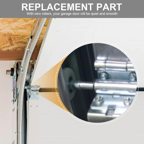 Close-up of two pack white nylon garage door rollers with 1.8 inch wheel diameter and 4.72 inch overall length installed in track