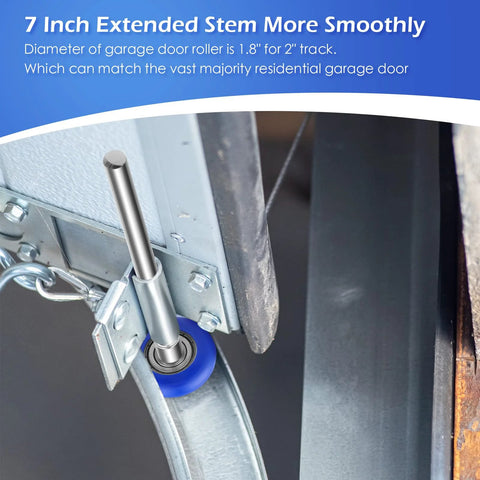 12 Pcs Nylon Garage Door Rollers 1.8 Inch Replacement Wheels For 2 Inch Track With 7 Inch Extended Stem installed on track