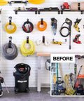 Heavy Duty Wrap It Storage Straps 10 Inch 6 Pack Blaze Orange organizing tools and cords in a garage
