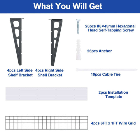 Contents of 2-Pack 6ft Garage Wall Shelving System with shelf brackets, screws, anchors, cable ties, installation templates, and wire grids.