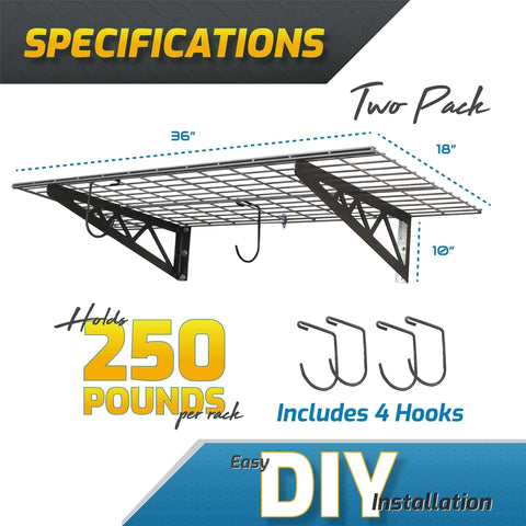Specifications of Garage Wall Shelf Two Pack In White Or Hammertone Finish Steel Wall Mounted Shelves With Bike Hooks, 18x36 inches.