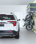 96 Inch Wide Wall Mounted Utility Storage Rack With 4 Bike Hooks And 20 Regular Hooks in a garage, holding bikes and tools