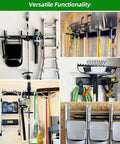 Collage of 64 Inch Garage Wall Tool Organizer With Heavy Duty Rails And 10 Hooks for garden tools and shovels in various installations.