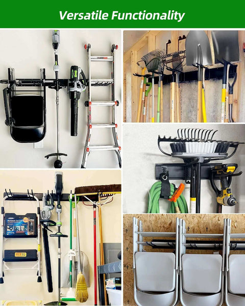 Collage of 64 Inch Garage Wall Tool Organizer With Heavy Duty Rails And 10 Hooks for garden tools and shovels in various installations.