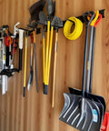 64 Inch Garage Wall Tool Organizer with Heavy Duty Rails and 10 Hooks, holding garden tools and shovels on wooden wall.