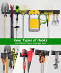 64 Inch Garage Wall Tool Organizer with heavy duty rails and 10 hooks, showing organized garden tools and folding chair storage