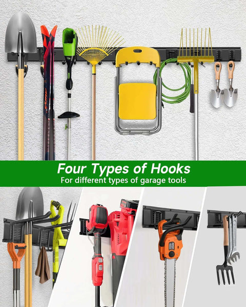 64 Inch Garage Wall Tool Organizer with heavy duty rails and 10 hooks, showing organized garden tools and folding chair storage