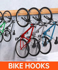 8 Pack Heavy Duty Bike Hooks for Garage Wall and Ceiling, 100 Lbs Load Capacity, holding multiple bicycles horizontally on a wall.