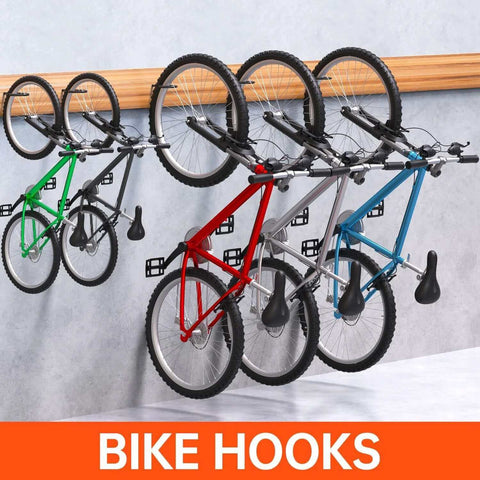 8 Pack Heavy Duty Bike Hooks for Garage Wall and Ceiling, 100 Lbs Load Capacity, holding multiple bicycles horizontally on a wall.