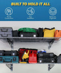 Garage Wall Shelf Two Pack In White Or Hammertone Finish with tools stored, showcasing overhead hanging storage in 18x36 inches