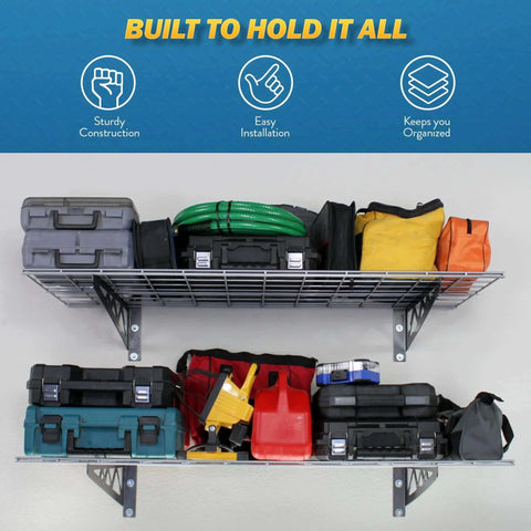 Garage Wall Shelf Two Pack In White Or Hammertone Finish with tools stored, showcasing overhead hanging storage in 18x36 inches