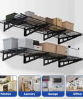 2-Pack 6ft Garage Wall Shelving System With 72-Inch By 24-Inch Heavy Duty Metal Wall Mounted Shelves loaded with storage bins.