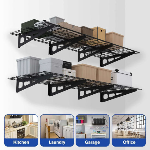 2-Pack 6ft Garage Wall Shelving System With 72-Inch By 24-Inch Heavy Duty Metal Wall Mounted Shelves loaded with storage bins.