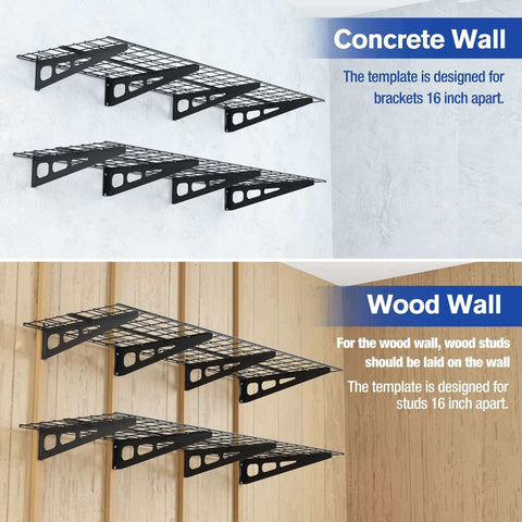 Installation guide for 2-Pack 6ft Garage Wall Shelving System with 72-inch by 24-inch heavy duty metal wall mounted shelves on concrete and wood walls.