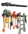 64 Inch Garage Wall Tool Organizer With Heavy Duty Rails And 10 Hooks, storing shovels, ladder, garden tools, in a garage setting.