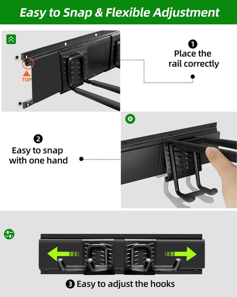 Installation guide for 64 Inch Garage Wall Tool Organizer with Heavy Duty Rails and 10 Hooks, showing easy snap and hook adjustment.