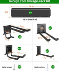 Components of 64 Inch Garage Wall Tool Organizer With Heavy Duty Rails And 10 Hooks, includes four 16-inch steel rails and various hooks.