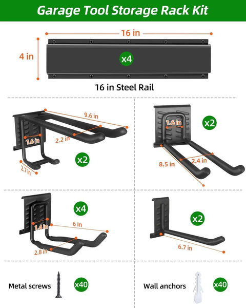 Components of 64 Inch Garage Wall Tool Organizer With Heavy Duty Rails And 10 Hooks, includes four 16-inch steel rails and various hooks.