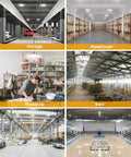 Six-image grid showing spaces: garage, warehouse, workshop, barn, factory, and gymnasium, illuminated by LED high bay lights.