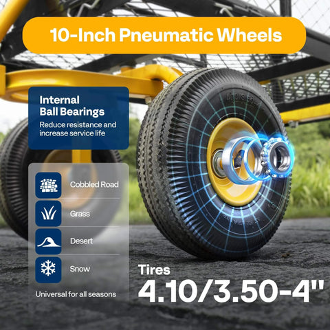 10-inch pneumatic wheel with internal ball bearings for Heavy Duty Mesh Steel Garden Cart with 880 lb capacity folding utility wagon.