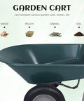 Heavy Duty Dual Wheel Garden Wheelbarrow Cart with Built In Stand shown transporting wood, mulch, gravel, and soil