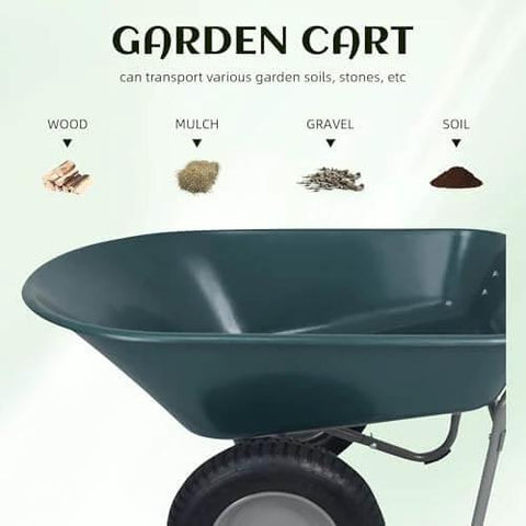 Heavy Duty Dual Wheel Garden Wheelbarrow Cart with Built In Stand shown transporting wood, mulch, gravel, and soil