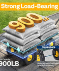 Heavy Duty Garden Cart With 900 Lb Capacity And 38x20 Steel Bed, illustrated with load-bearing showing 900 lb on yellow wheels.