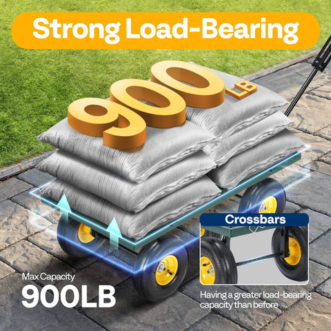 Heavy Duty Garden Cart With 900 Lb Capacity And 38x20 Steel Bed, illustrated with load-bearing showing 900 lb on yellow wheels.